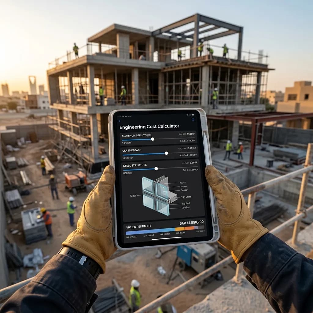 حاسبة التكاليف الهندسية: دليلك الذكي لميزانية مشاريع الألمنيوم والواجهات في السعودية