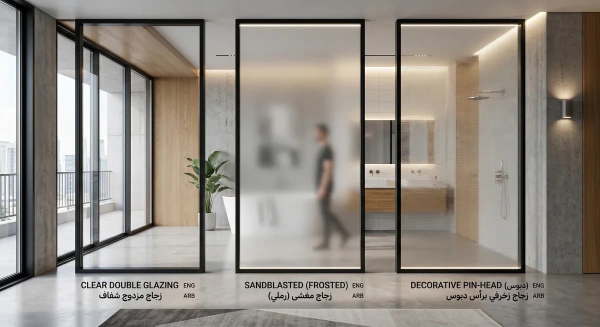 أنواع الزجاج في المشروع: من "الدبل" إلى زجاج السيكوريت ودبوس