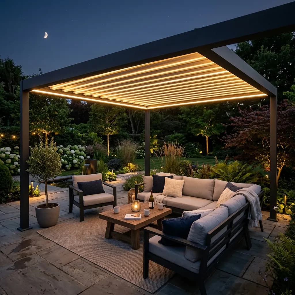 كل ما تحتاج معرفته عن برجولات الألمنيوم المضيئة (LED Pergolas) للحدائق