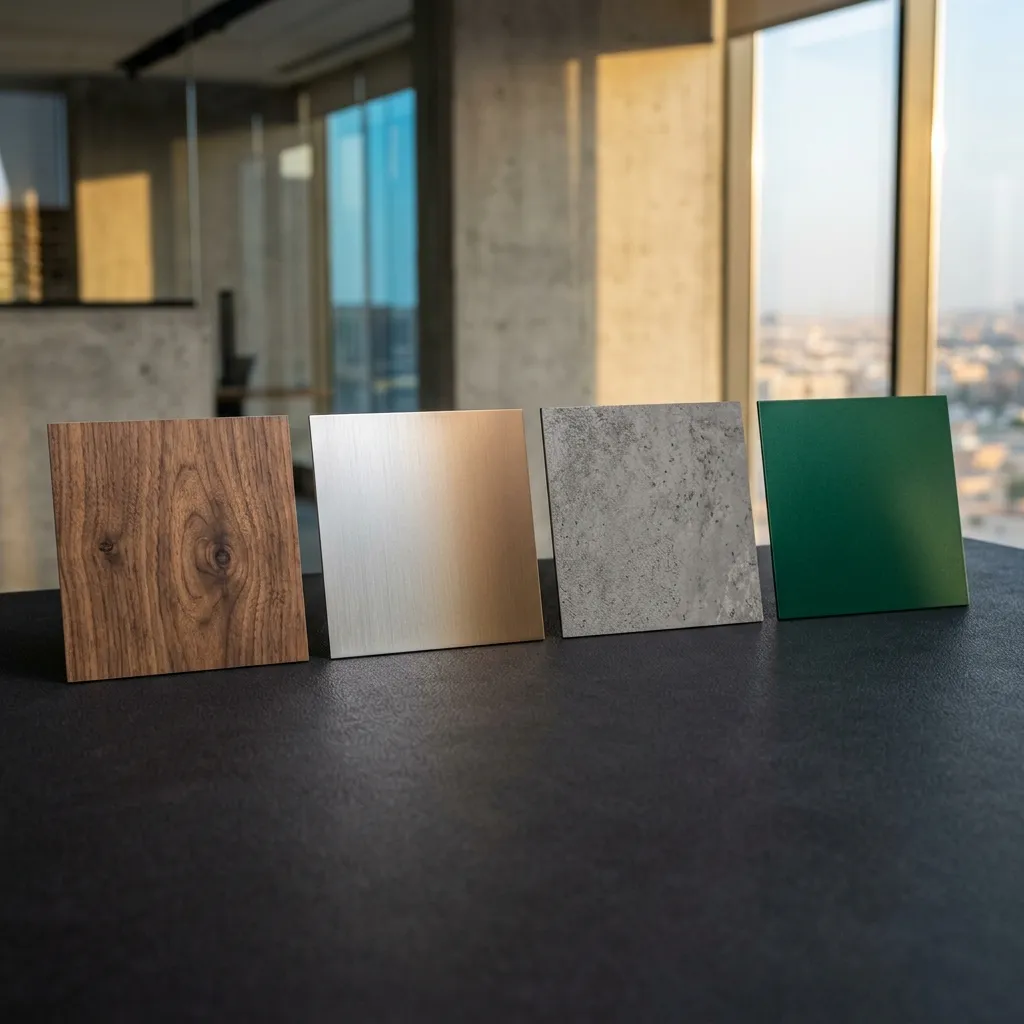 صور تشطيبات ألمنيوم متقدّمة 2026 في صالة ماجيكو تشمل Wood Grain وBi-color Anodizing وConcrete Texture وPVDF بألوان متعدّدة