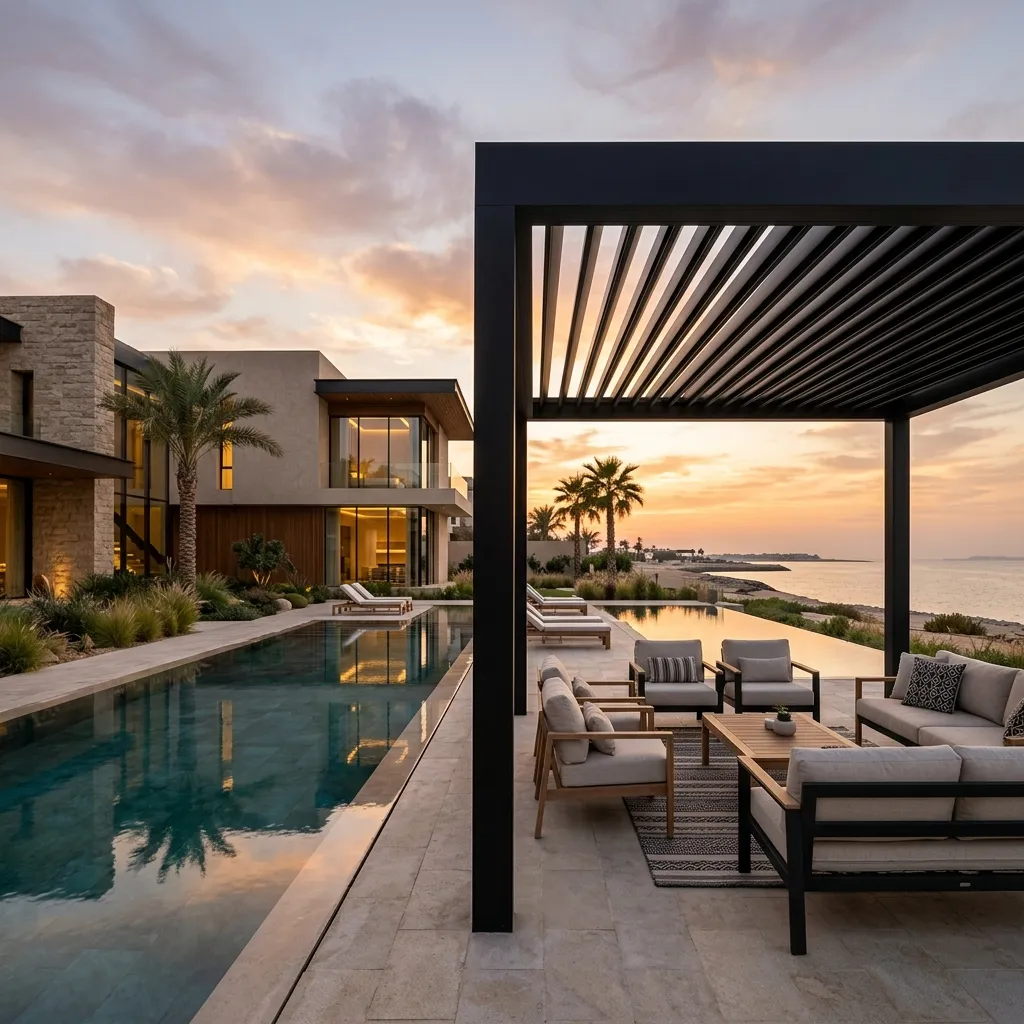 فيلا في الرياض تظهر جمال البرجولات الألمنيوم المودرن السوداء لتظليل منطقة المسبح