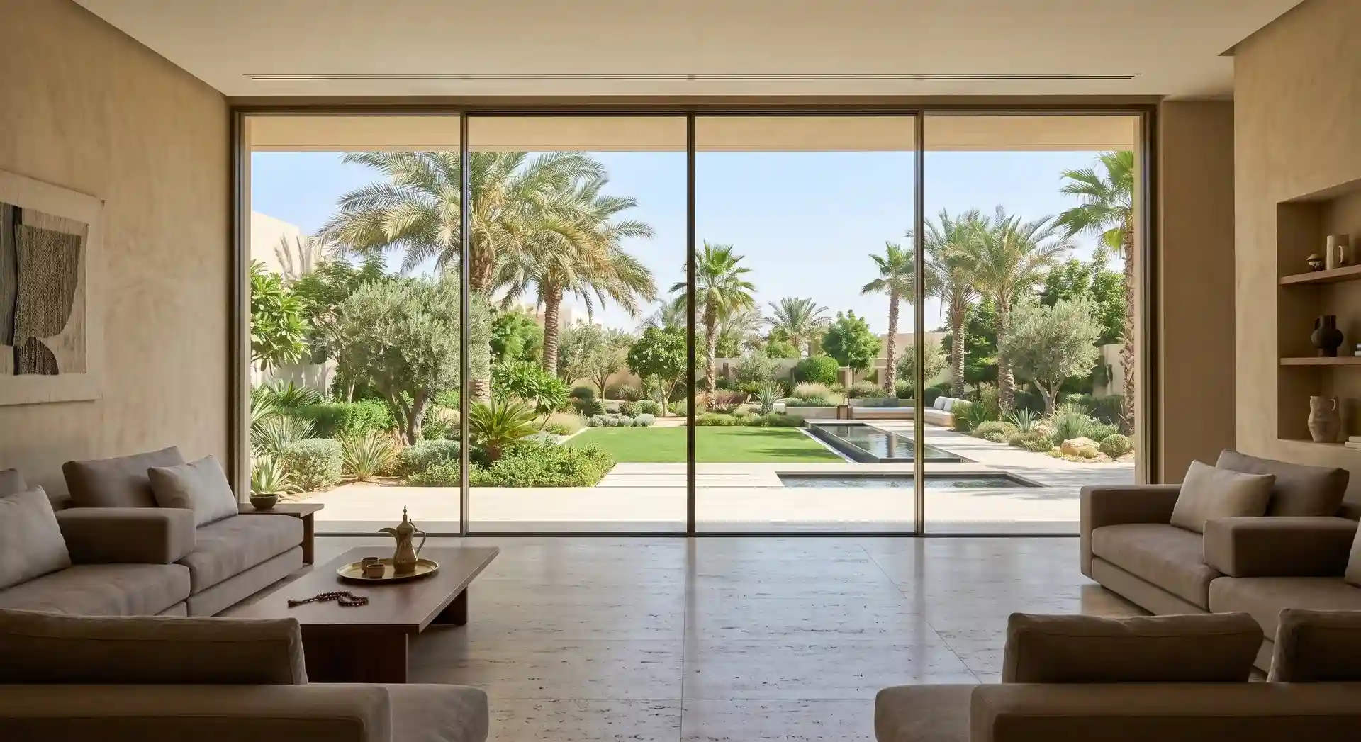 واجهة فيلا مودرن في الرياض تستخدم شبابيك ألمنيوم عالية الجودة بإطلالة بانورامية