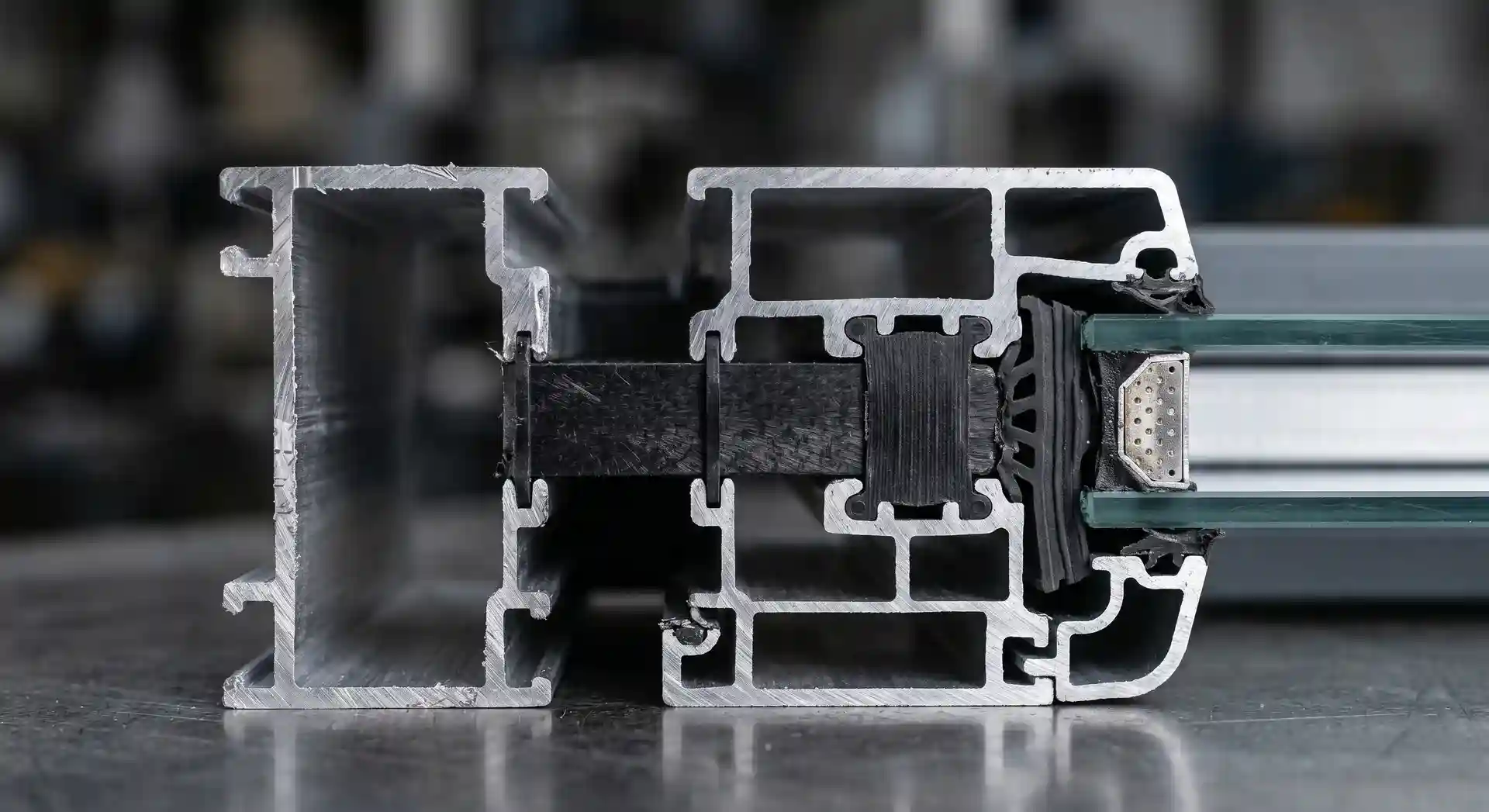 مقطع عرضي لقطاع ألمنيوم ثيرمال بريك يوضح شريط البوليأميد العازل