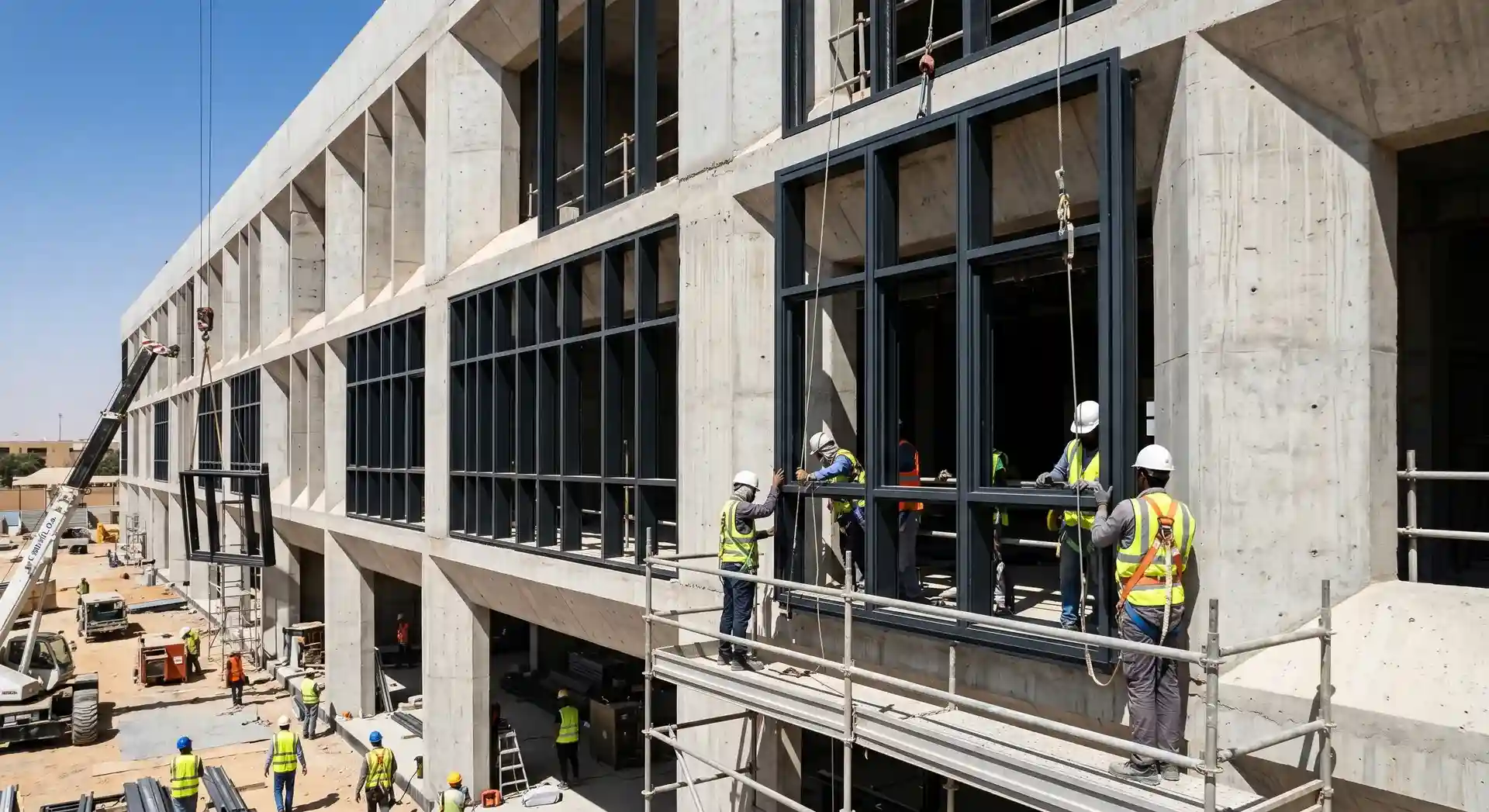 عملية تركيب شبابيك ألمنيوم في مشروع أكاديمية مسك بالرياض