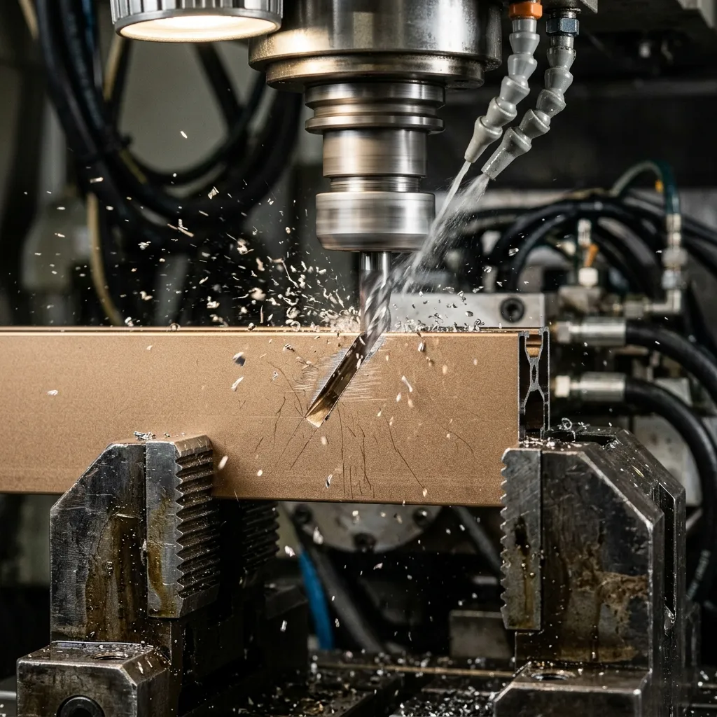 مركز تفريز CNC خماسي المحاور Pertici Univer يفرّز فتحات تصريف على قطاع ألمنيوم AluK في مصنع ماجيكو الرياض