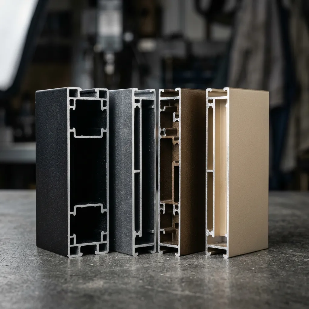 عينات قطاعات ألمنيوم بألوان مختلفة منها الأسود المطفي والبرونزي والرمادي