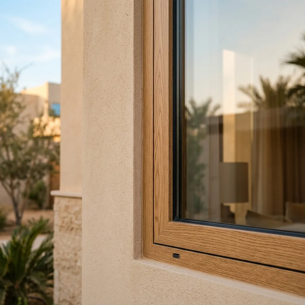 تفاصيل نافذة ألمنيوم بنقشة الخشب على واجهة فيلا حديثة