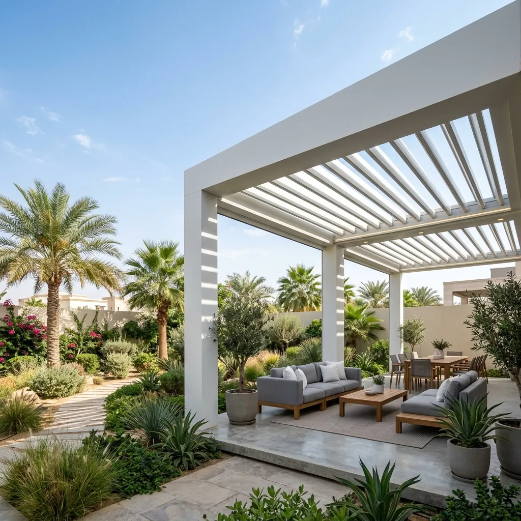 برجولا بيومناخية حديثة بلوفرز متحركة في حديقة فيلا بالرياض نهاراً