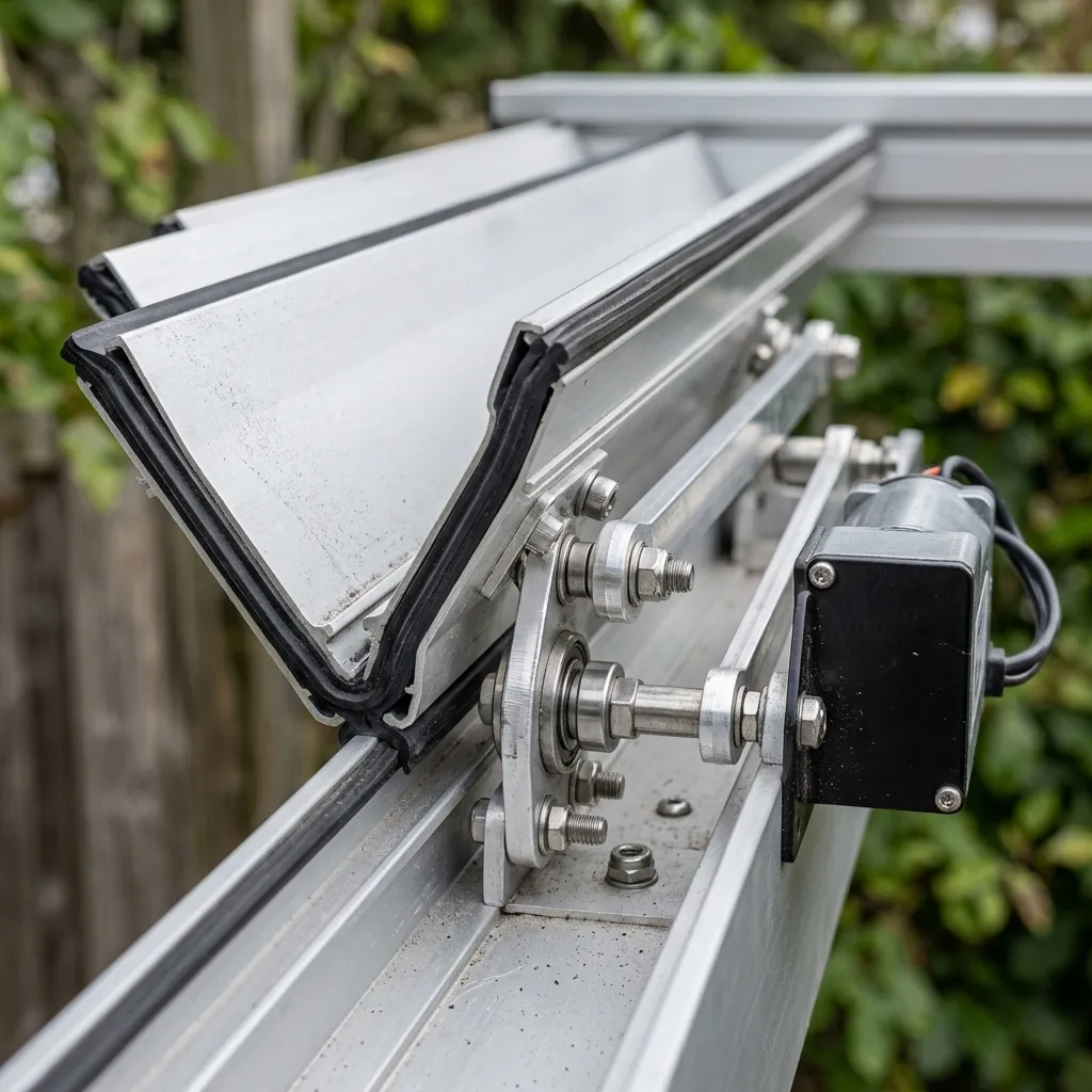 لقطة قريبة لميكايكية فتح وإغلاق اللوفرز في برجولا ألمنيوم ماجيكو