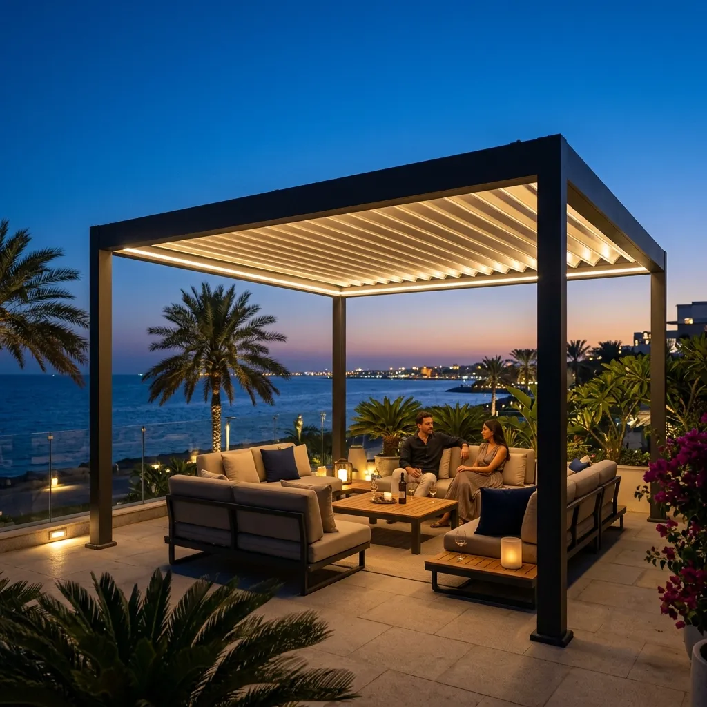 برجولا بيومناخية في جدة مع إضاءة LED مدمجة وإطلالة على المسبح