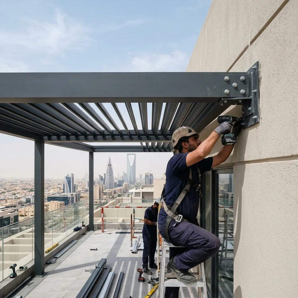 مشروع برجولة بيومناخية تم تنفيذه في الرياض يظهر جودة التشطيب والتركيب