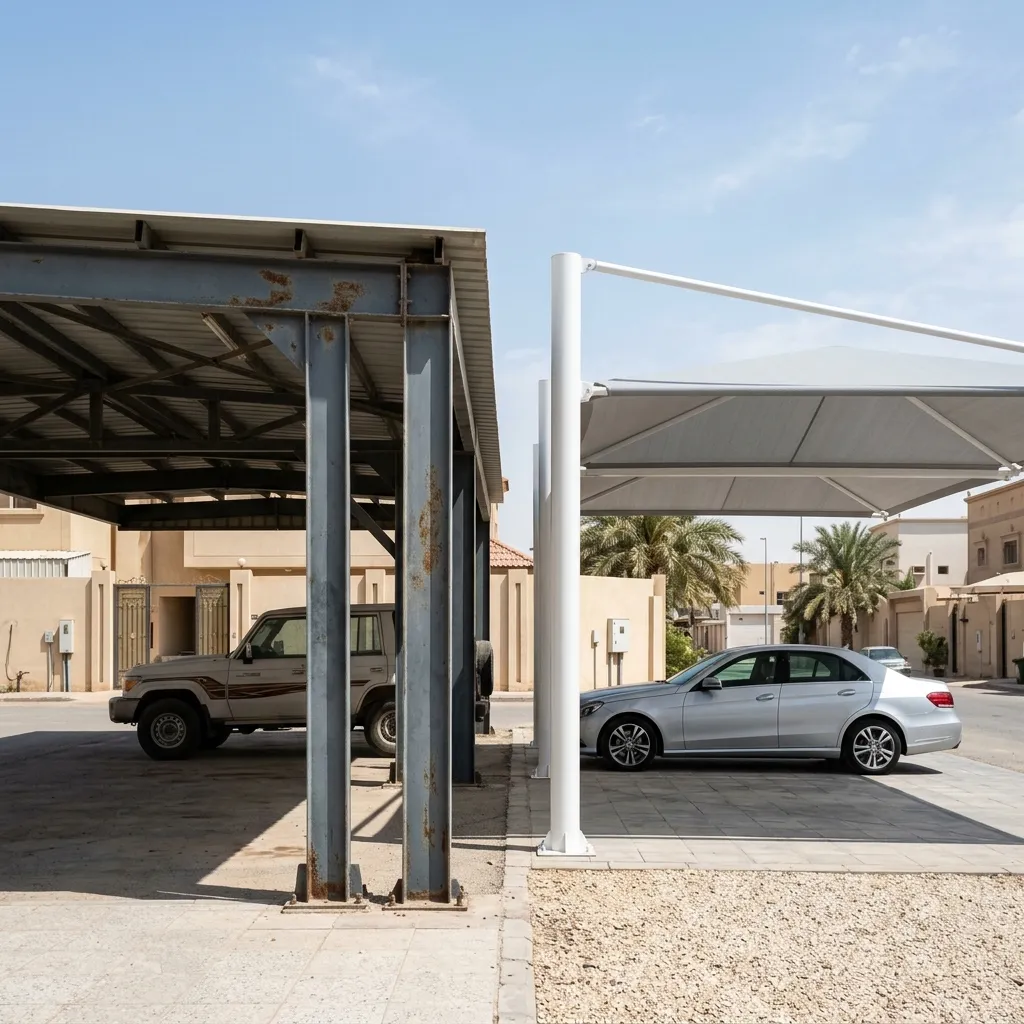 مقارنة بصرية بين مظلة سيارة من الحديد التقليدي ومظلة حديثة من الألمنيوم في فيلا سعودية