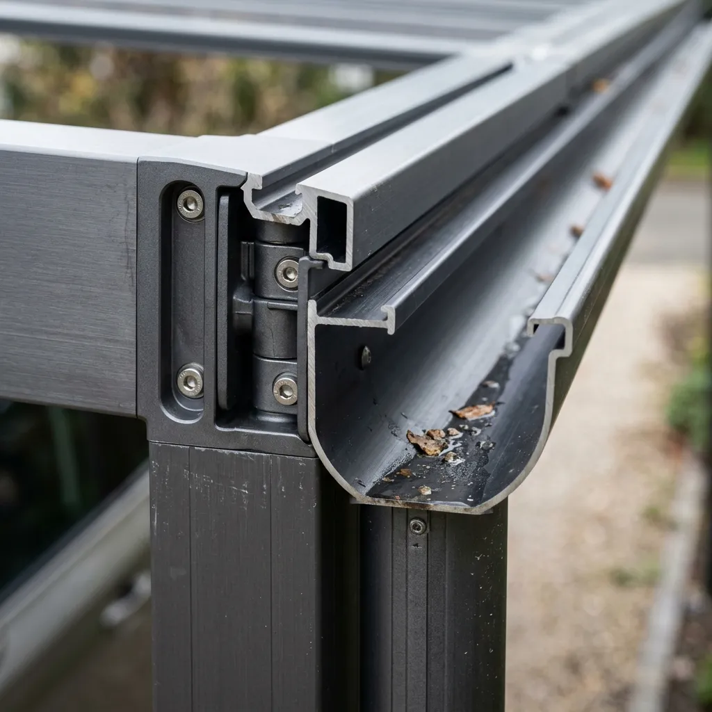 تفاصيل قطاع ألمنيوم مظلة سيارة مع نظام تصريف مياه مدمج