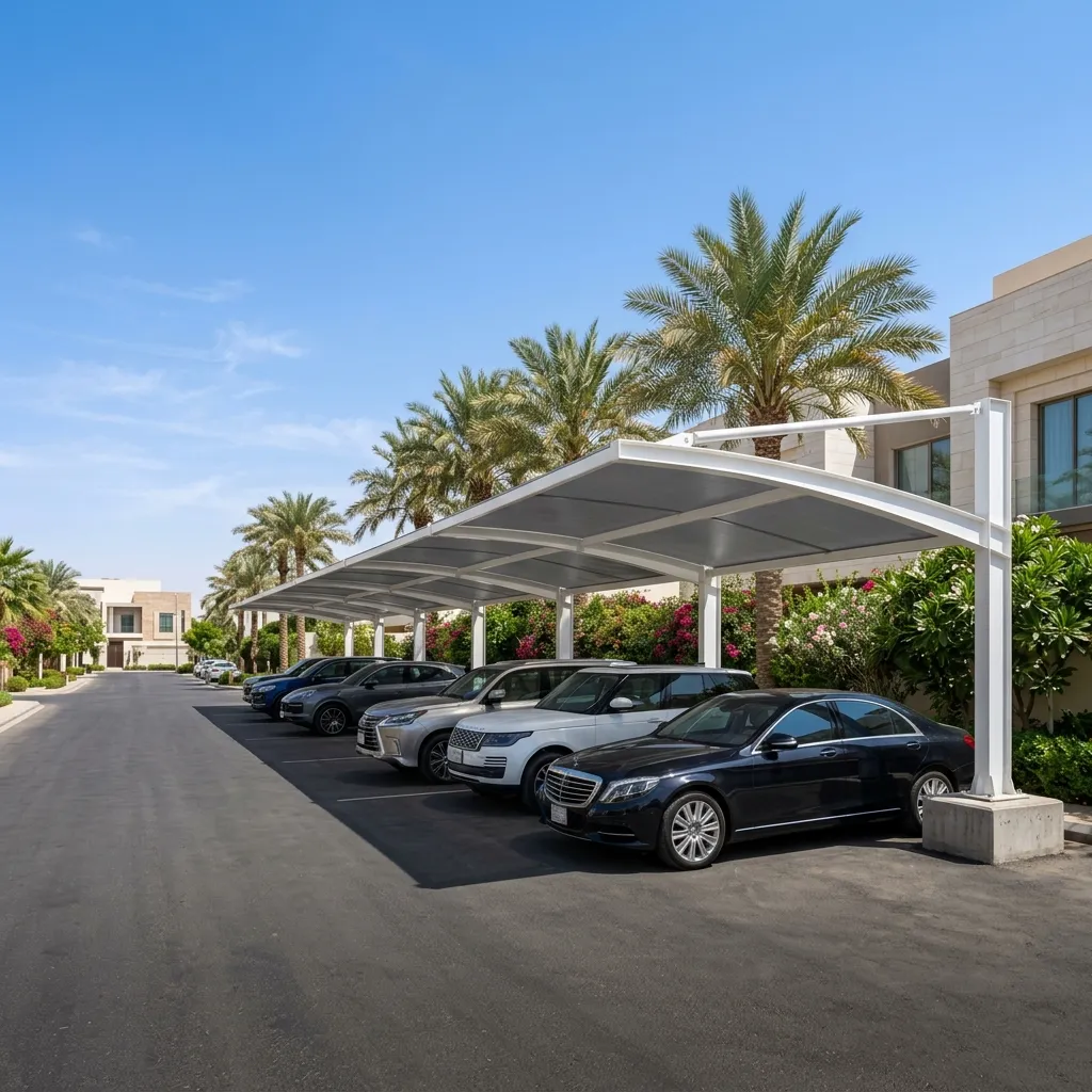 صف من مظلات السيارات الألمنيوم الحديثة في مجمع سكني فاخر في السعودية