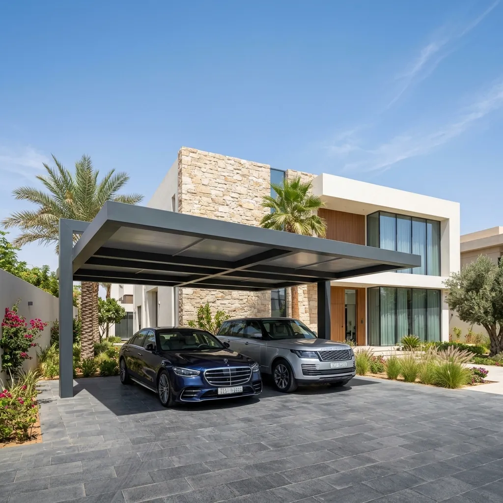 أسعار مظلات السيارات الألمنيوم في السعودية 2026 بتصميم كابولي لحماية 4 سيارات في فيلا الرياض