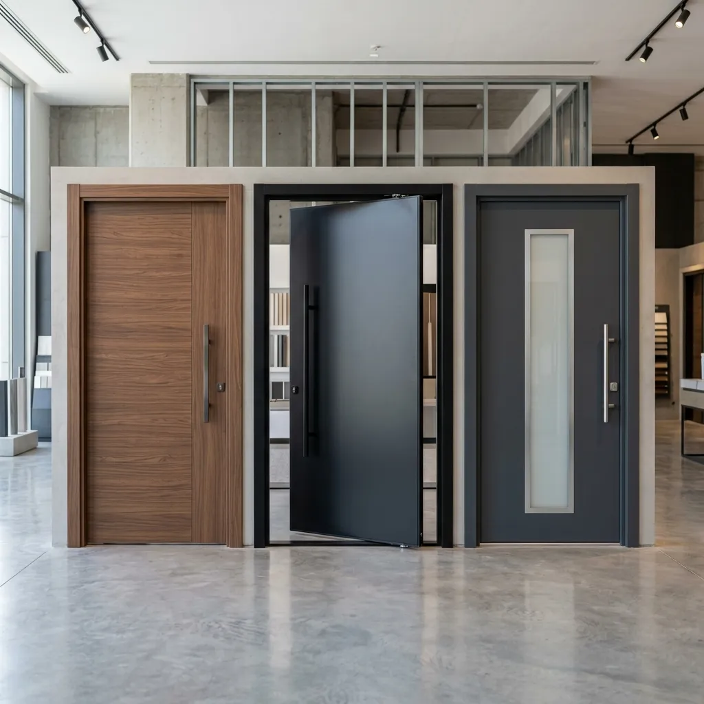 ثلاثة أنواع أبواب كلادينج حديثة: خشبي جوز، محوري أسود، ورمادي بزجاج مصنفر في صالة عرض