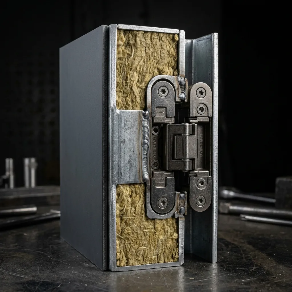 مقطع عرضي لباب كلادينج يظهر الهيكل الحديدي وألواح ACP وطبقة العزل الداخلية والمفصلات الإيطالية المخفية