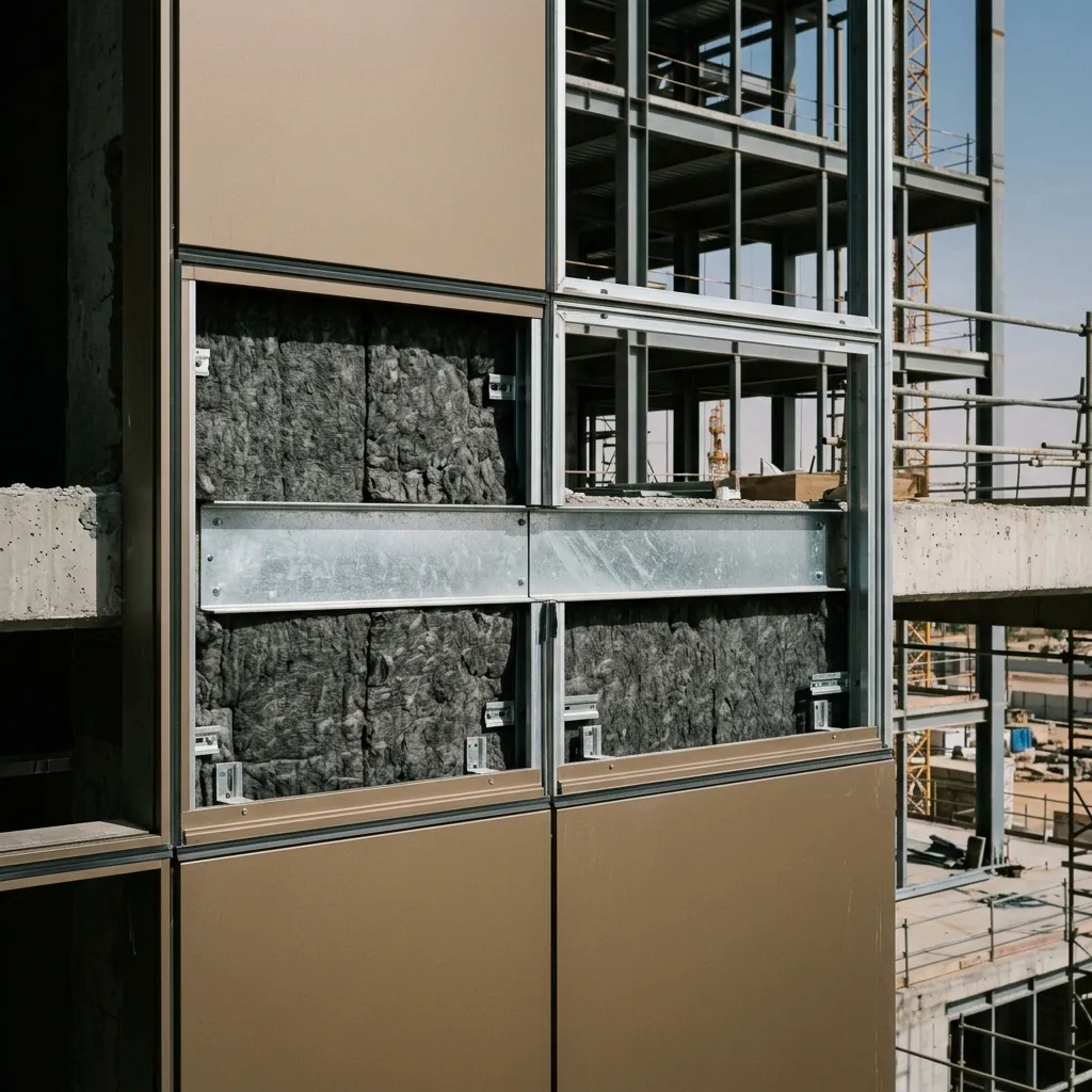 نظام Fire Stop System مع Cavity Barriers وRock Wool خلف ألواح كلادينج A2 على واجهة برج تجاري سعودي وفق SBC-801
