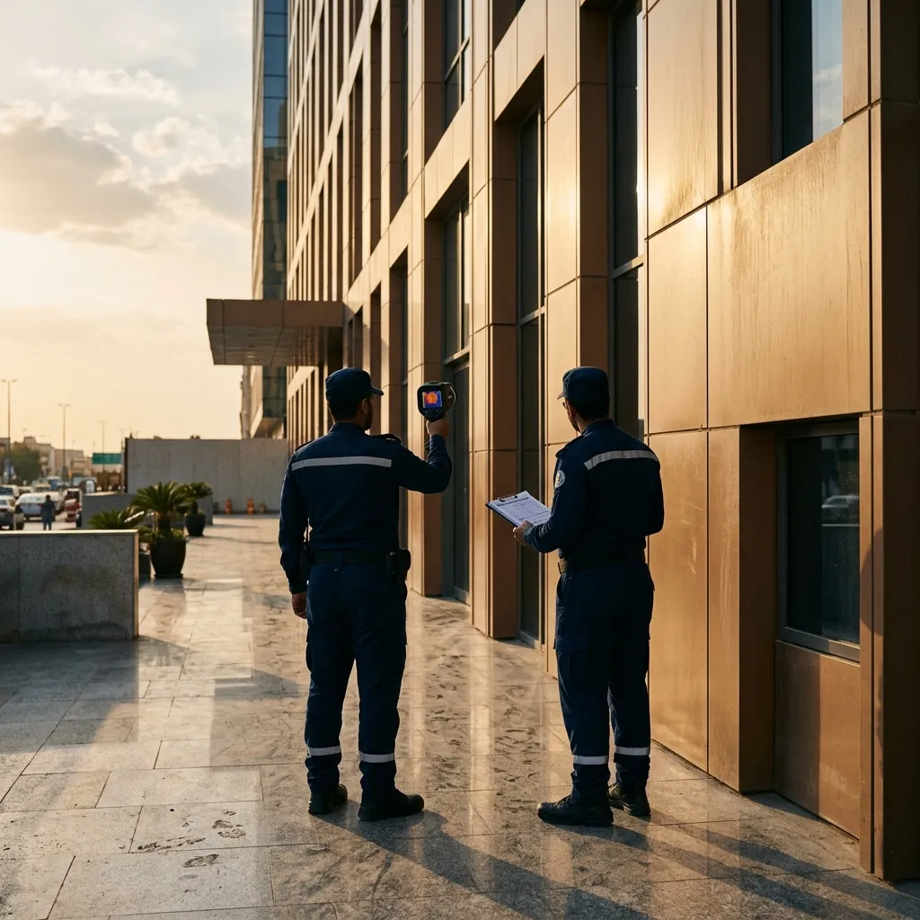 فريق تفتيش الدفاع المدني السعودي يُجري اختبار حريق على واجهة كلادينج A2 لمبنى تجاري حديث في الرياض 2024