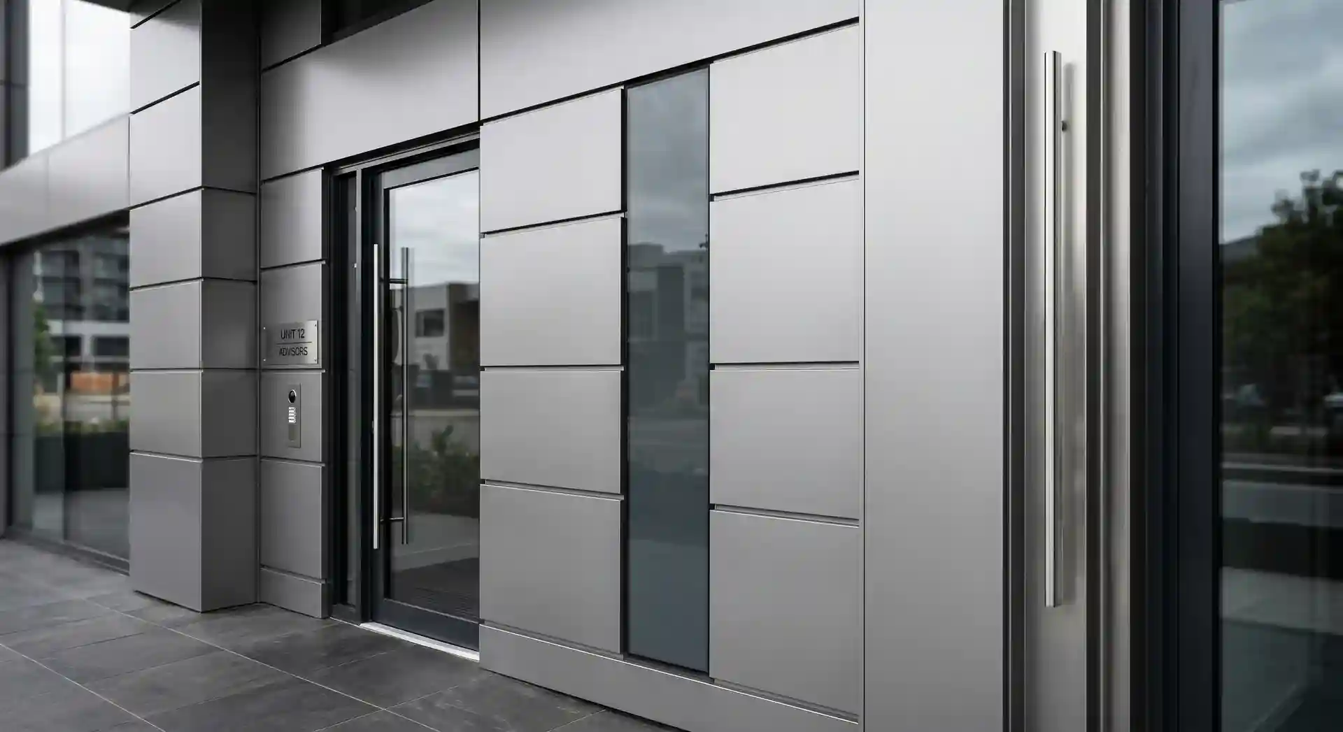 تفاصيل تداخل الزجاج مع الكلادينج في باب فيلا مودرن بجدة بمواصفات ماجيكو