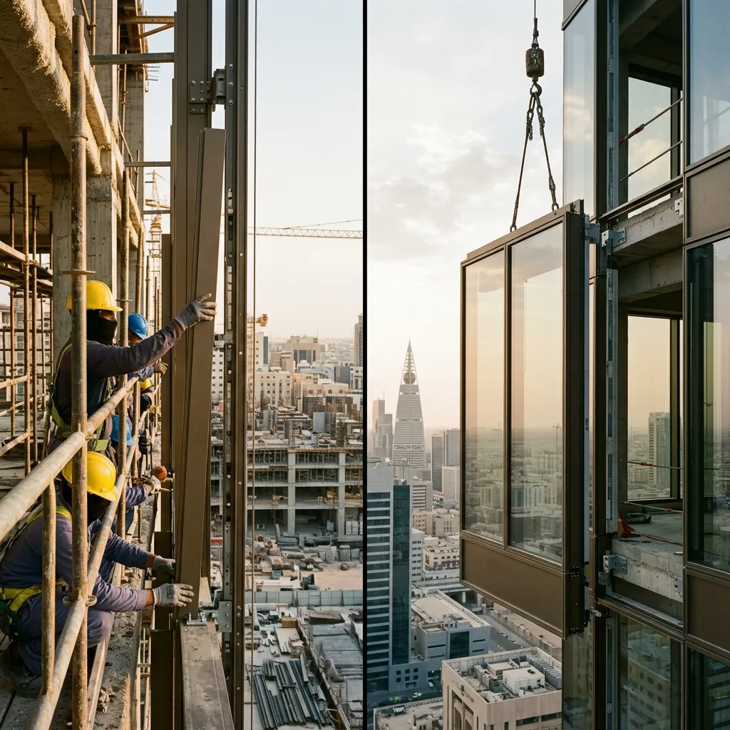 مقطع تفصيلي تقني يُظهر الفرق بين Stick Curtain Wall التركيب الموقعي وUnitized Curtain Wall المُجمَّع مصنعياً في برج تجاري بالرياض