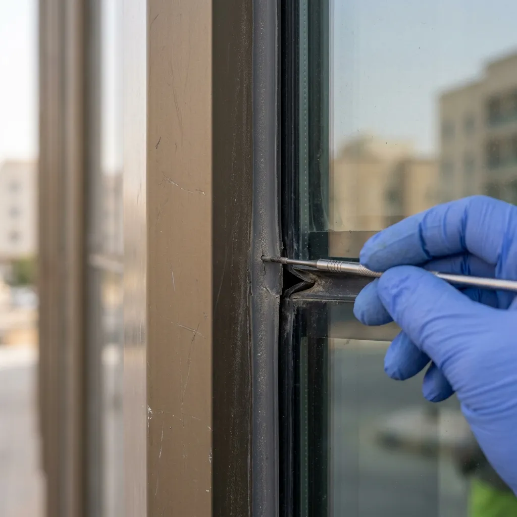 فريق فني يفحص مفاصل الكرتن وول في مبنى مكتبي بالرياض مع قياس حالة السيليكون