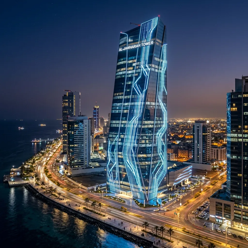 إضاءة LED مدمجة في واجهة زجاجية ليلاً