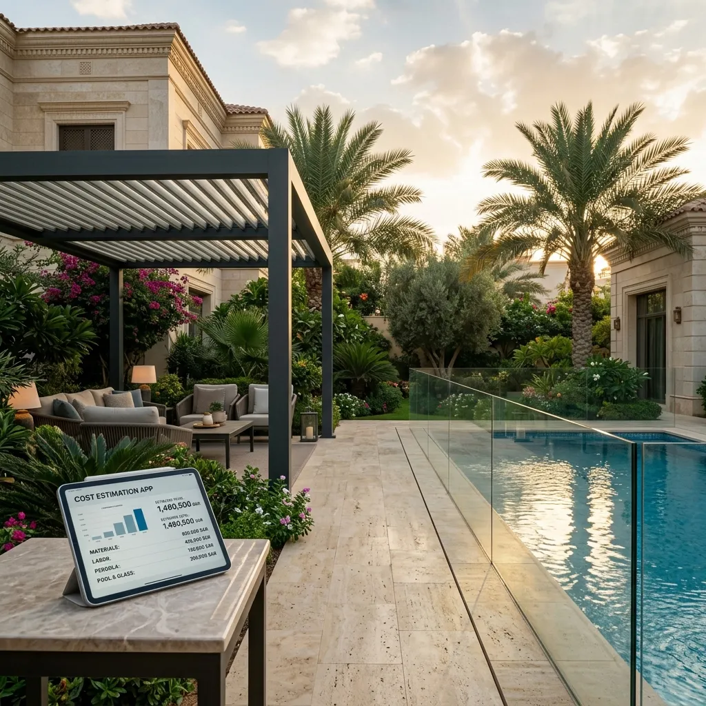 برجولا ألمنيوم حديثة ودرابزين زجاجي فرملس في حديقة فيلا فاخرة