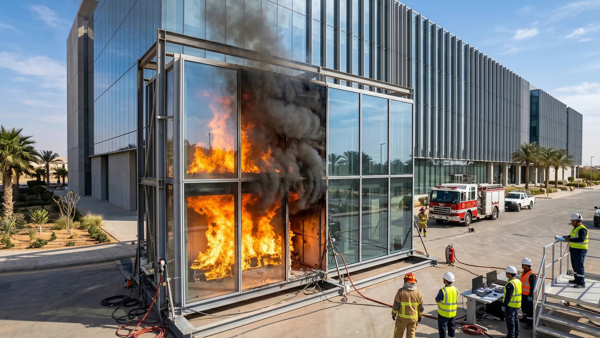 اختبار حقيقي للزجاج المقاوم للحريق يظهر صموده أمام اللهب والدخان