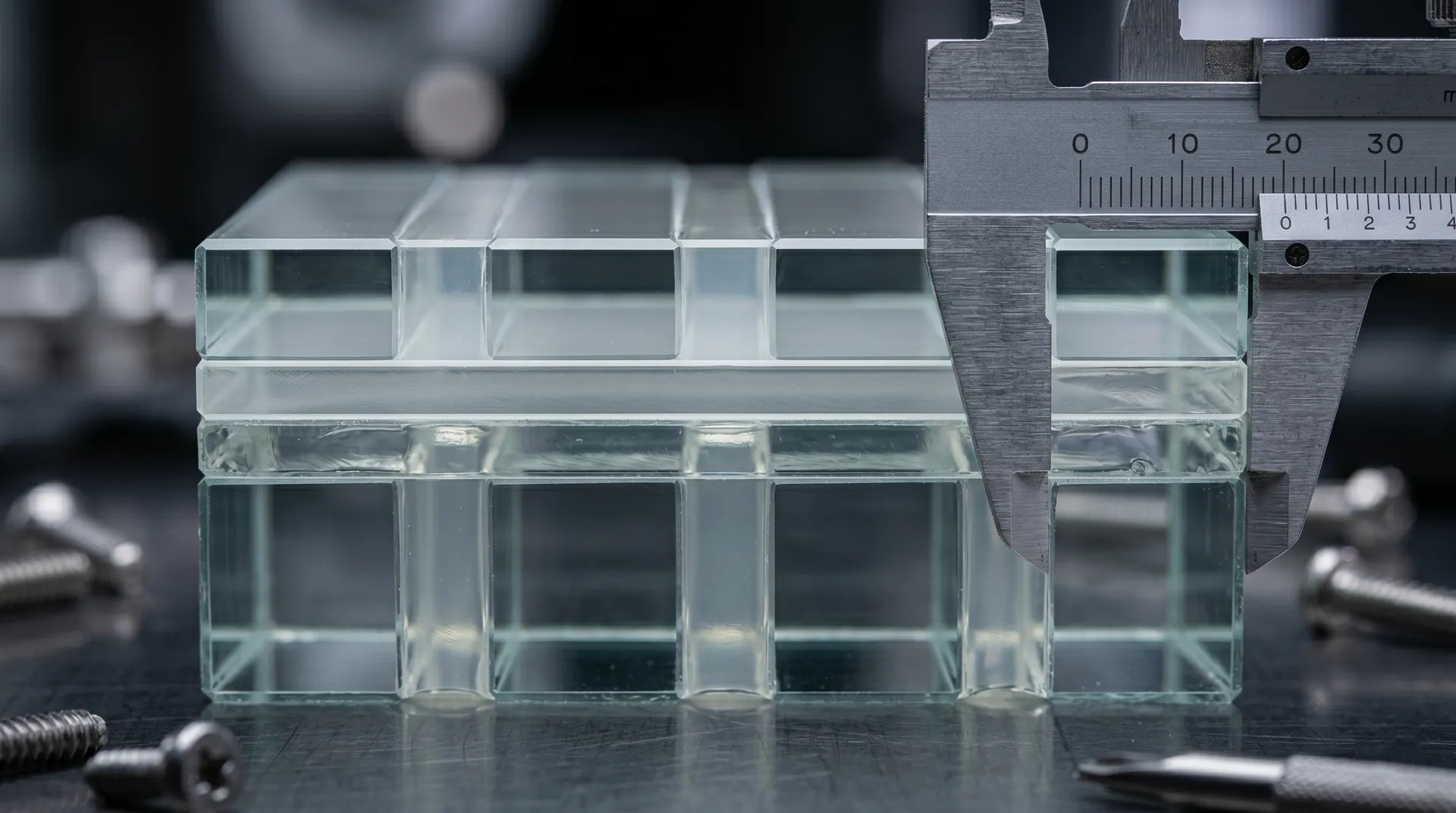 مقطع عرضي لزجاج EI المصفح يظهر الطبقات العازلة المتمددة