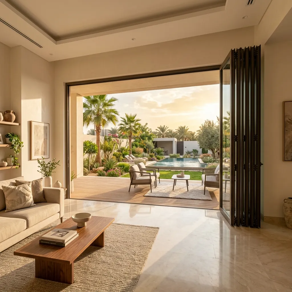 أبواب فولدينج ألمنيوم مفتوحة بالكامل على حديقة فيلا فاخرة شمال الرياض بنظام ثيرمال بريك