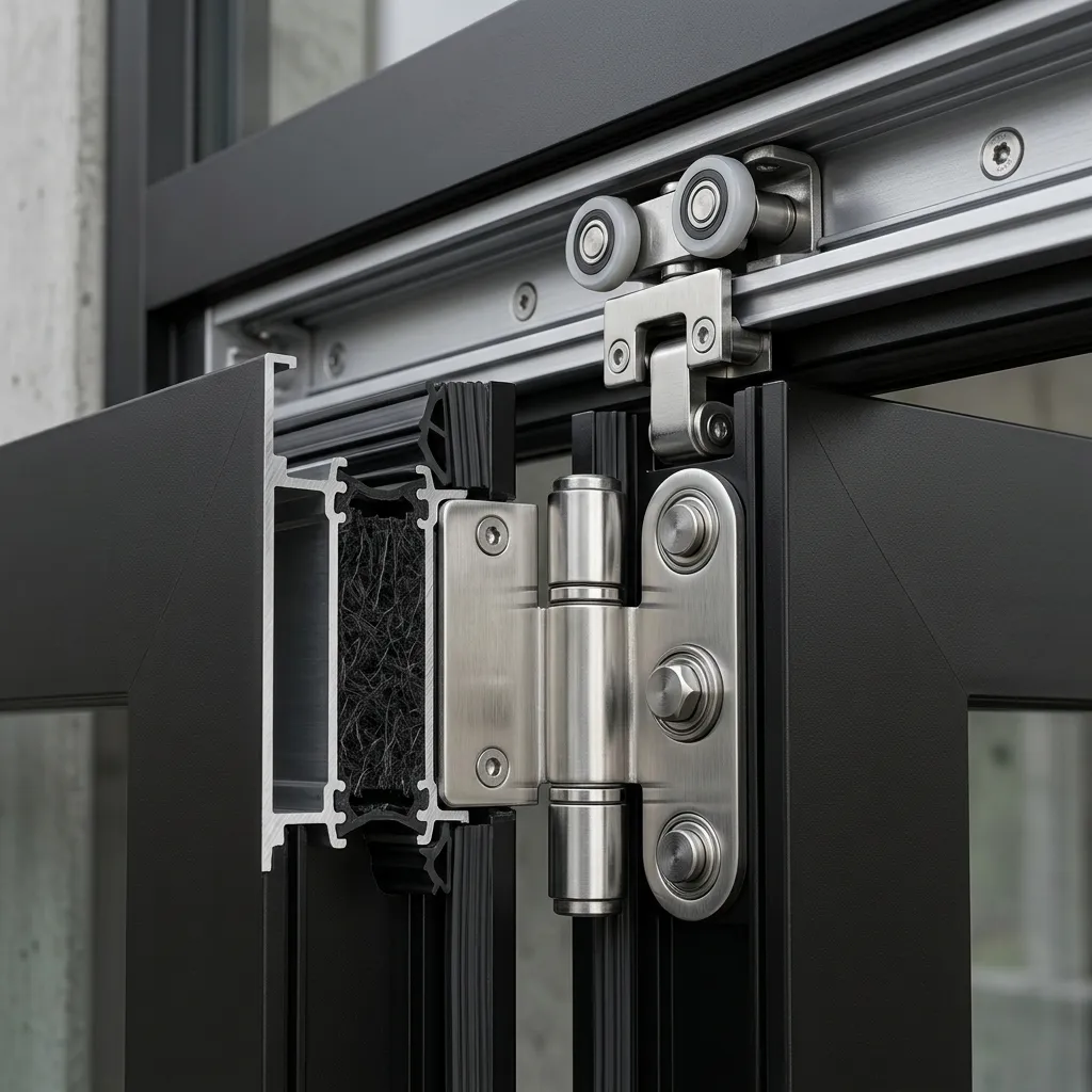 تفاصيل مفصلات فولاذية ونظام سكة مخفية لأبواب فولدينج ألمنيوم ثيرمال بريك