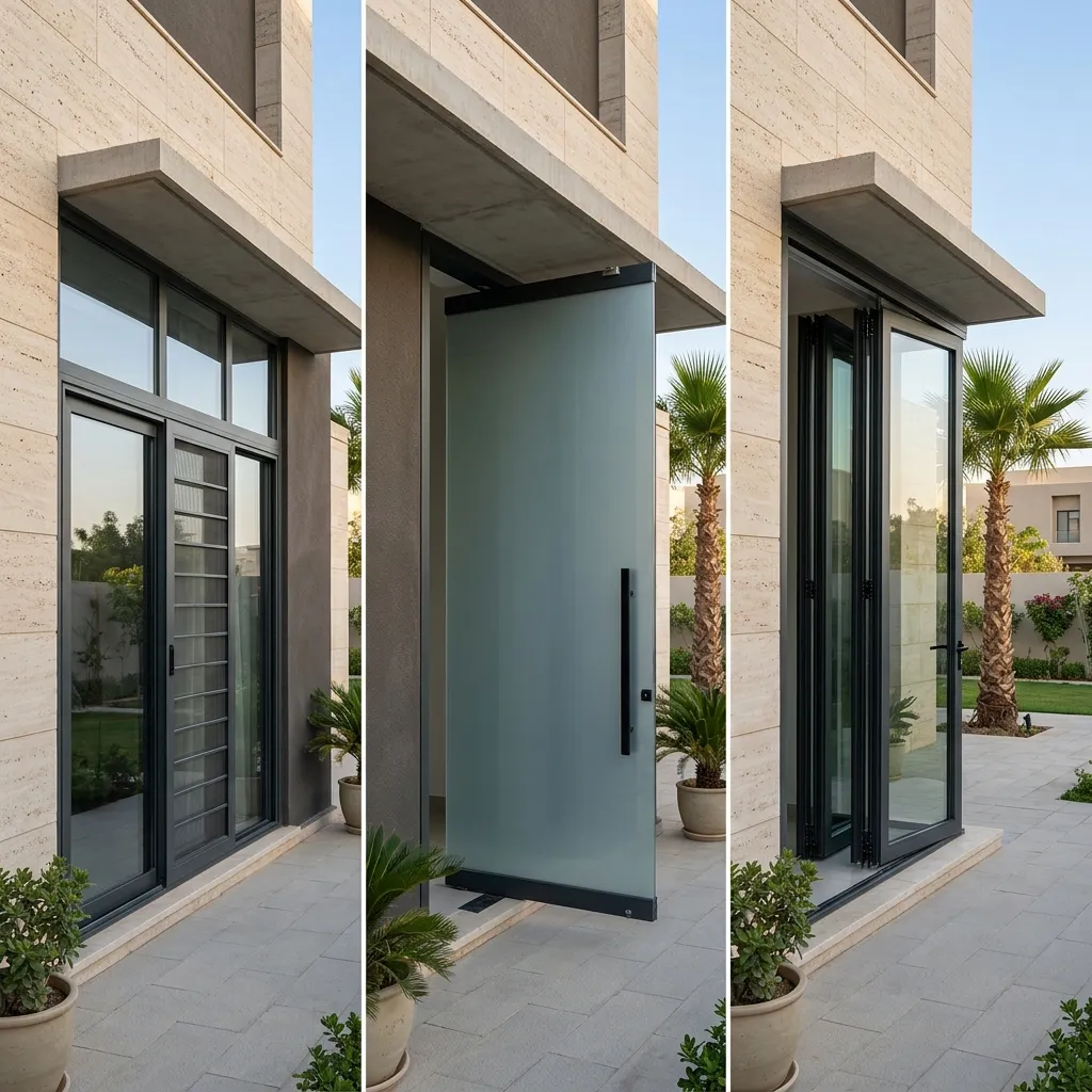 مقارنة بصرية بين ثلاثة أنواع أبواب ألمنيوم: سحابة ومحورية وفولدينج مطوية
