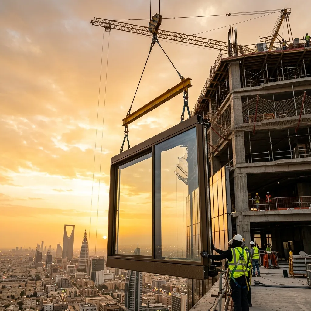 نظام Unitized Curtain Wall بأنظمة AluK AW86 معزولة حرارياً مع زجاج Low-E دبل سيكوريت على برج تجاري الرياض