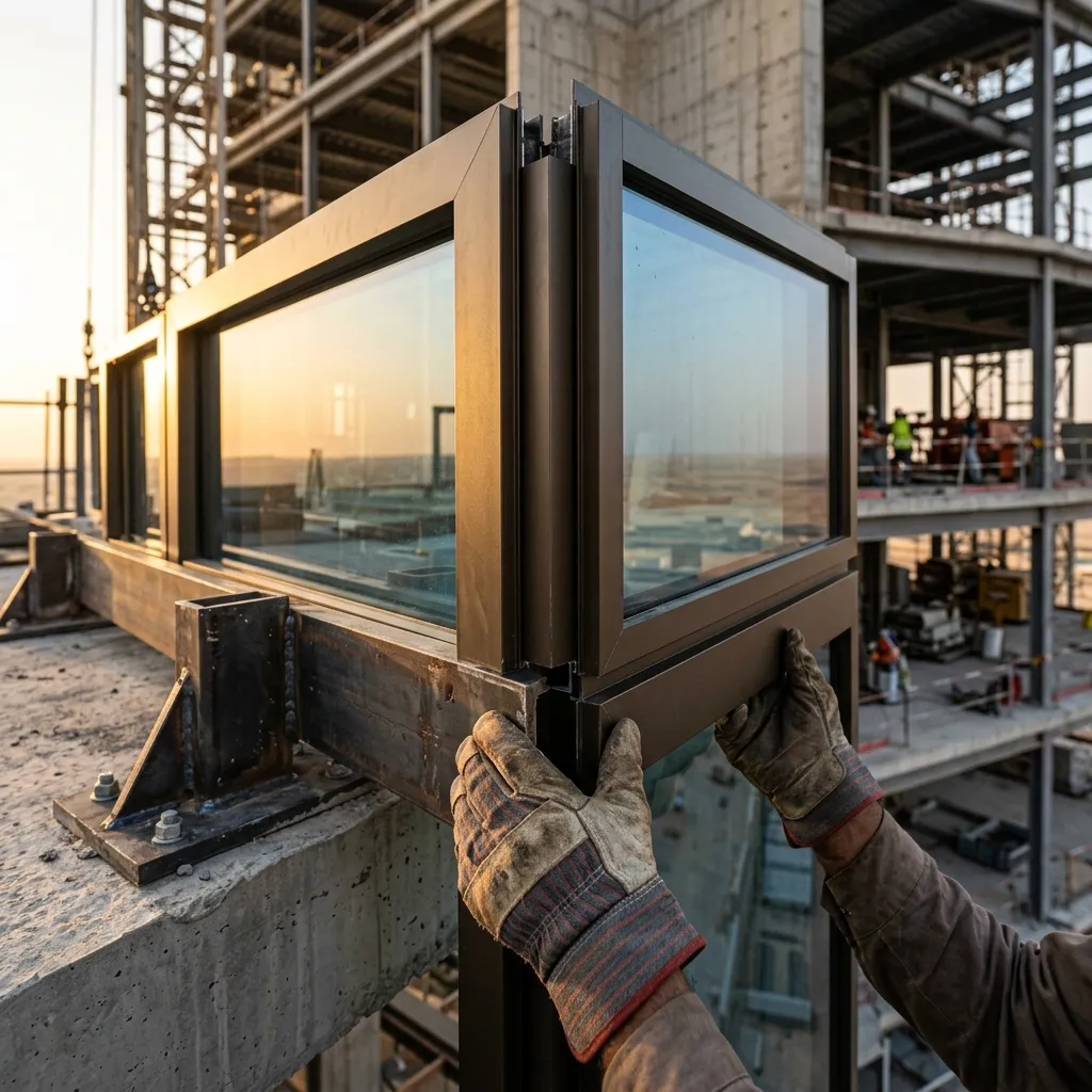 وحدة Unitized Curtain Wall كاملة 2.5 متر عرض 4 متر ارتفاع تُرفع بالرافعة على برج عثمان الرياض
