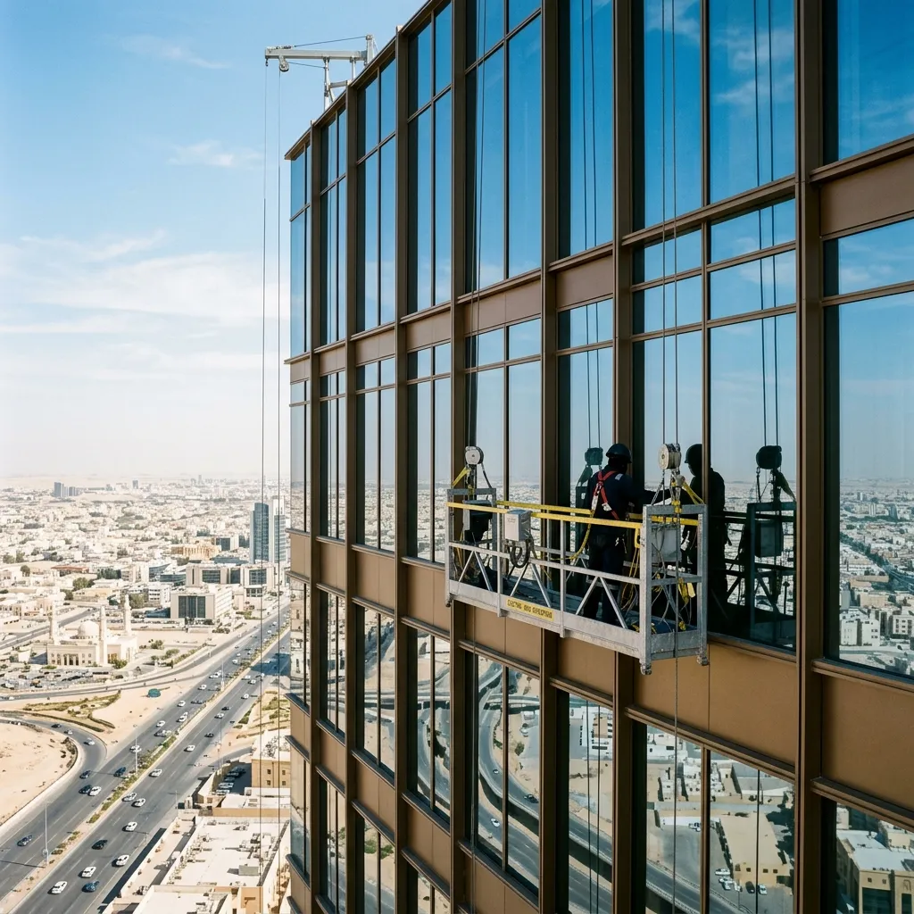 فريق صيانة ماجيكو يفحص واجهة Curtain Wall على ارتفاع 18 طابق ببرج تجاري الرياض بمعدات BMU