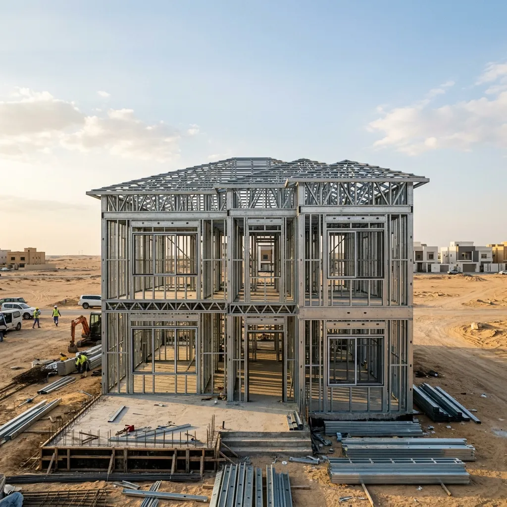 هيكل فيلا سكنية بنظام Light Gauge Steel LGS مكتمل في موقع البناء بشمال الرياض مع قطاعات فولاذ مغلفن Z275 بسماكة 1.2 مم وفتحات نوافذ ألمنيوم منظمة