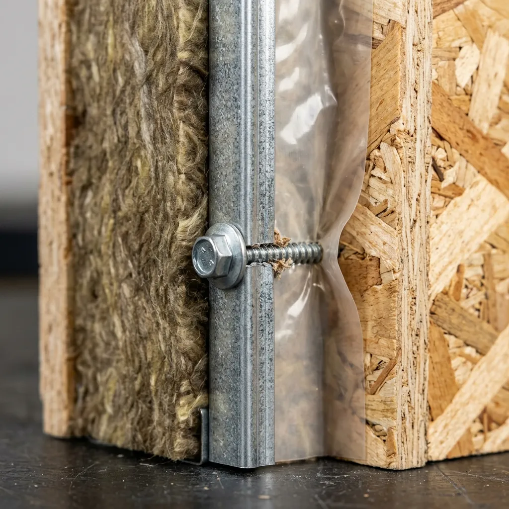 تفصيل اتصال C-Section وZ-Section في فيلا LGS مع Self-Drilling Screws وعزل Rock Wool وعازل بخاري على فيلا شمال الرياض