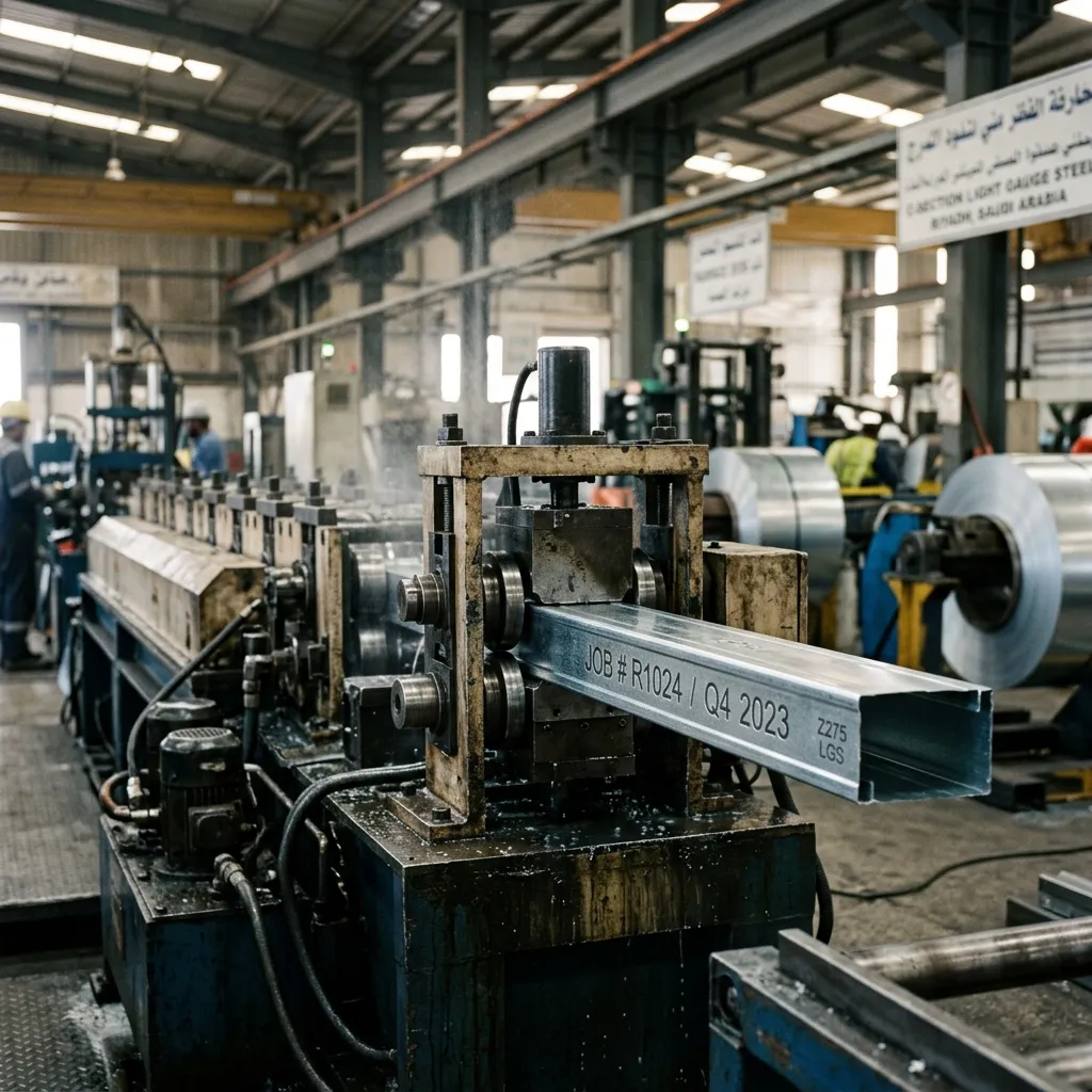 CNC Roll-Former في مصنع ماجيكو الرياض يُنتج قطاعات Light Gauge Steel C-Section مغلفنة Z275 لفيلا سكنية بدقة 0.5 مم