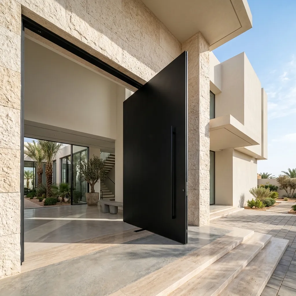 باب بيفوت عملاق من الألمنيوم والزجاج في مدخل فيلا مودرن بالرياض