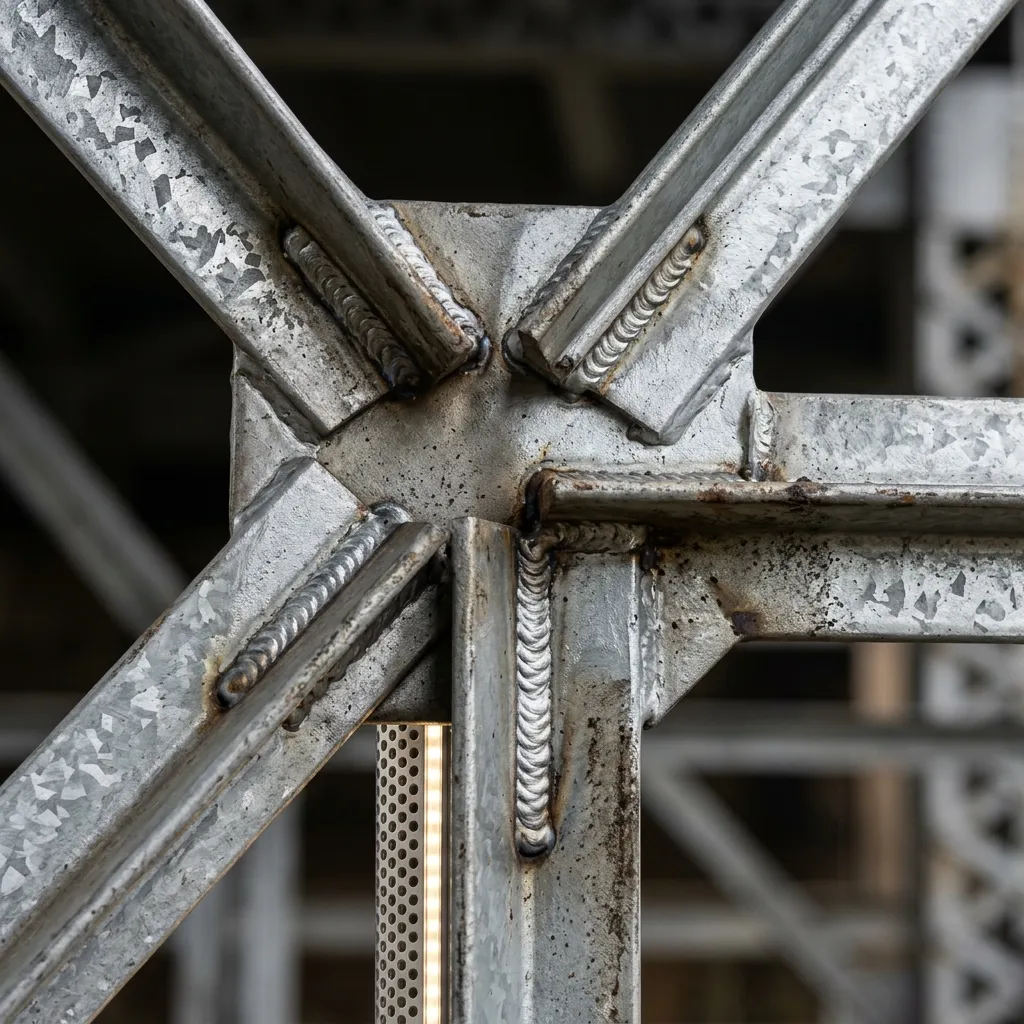 تفصيل عقدة Truss في جسر مشاة فولاذي مع لحام معتمد AWS D1.1 وغلاف Hot-Dip Galvanizing Z350 و LED مدمج وفق معايير ماجيكو الرياض 2025
