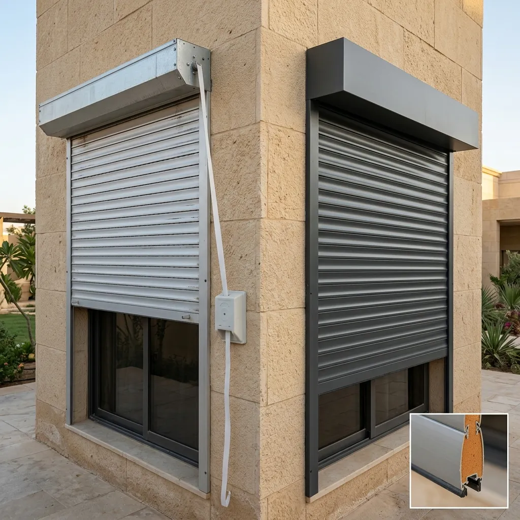 مقارنة بصرية بين شتر ألمنيوم يدوي بحزام تقليدي وشتر كهربائي بمحرك مخفي على واجهة فيلا سعودية