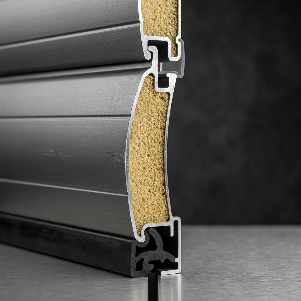 مقطع عرضي لشريحة شتر ألمنيوم معزولة بالفوم يظهر البولي يوريثان الداخلي وآلية التعشيق