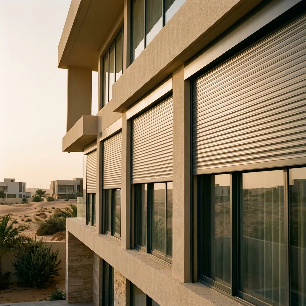 واجهة فيلا فاخرة في شمال الرياض مع شترات ألمنيوم مغلقة بالكامل بلون أنثراسايت تتناغم مع التصميم المعماري الحديث