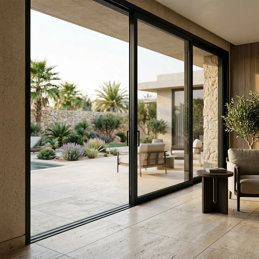 نافذة ألمنيوم قطاع قلف لون أسود مطفي على واجهة فيلا مودرن في الرياض