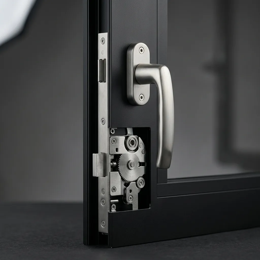 تفاصيل إكسسوارات إيطالية أصلية مقبض وأقفال متعددة النقاط مركبة على قطاع ألمنيوم قلف