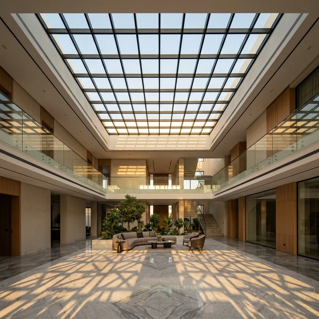 سكاي لايت زجاجي كبير يغمر صالة فيلا فاخرة في الرياض بالإضاءة الطبيعية الذهبية عبر إطار ألمنيوم أسود