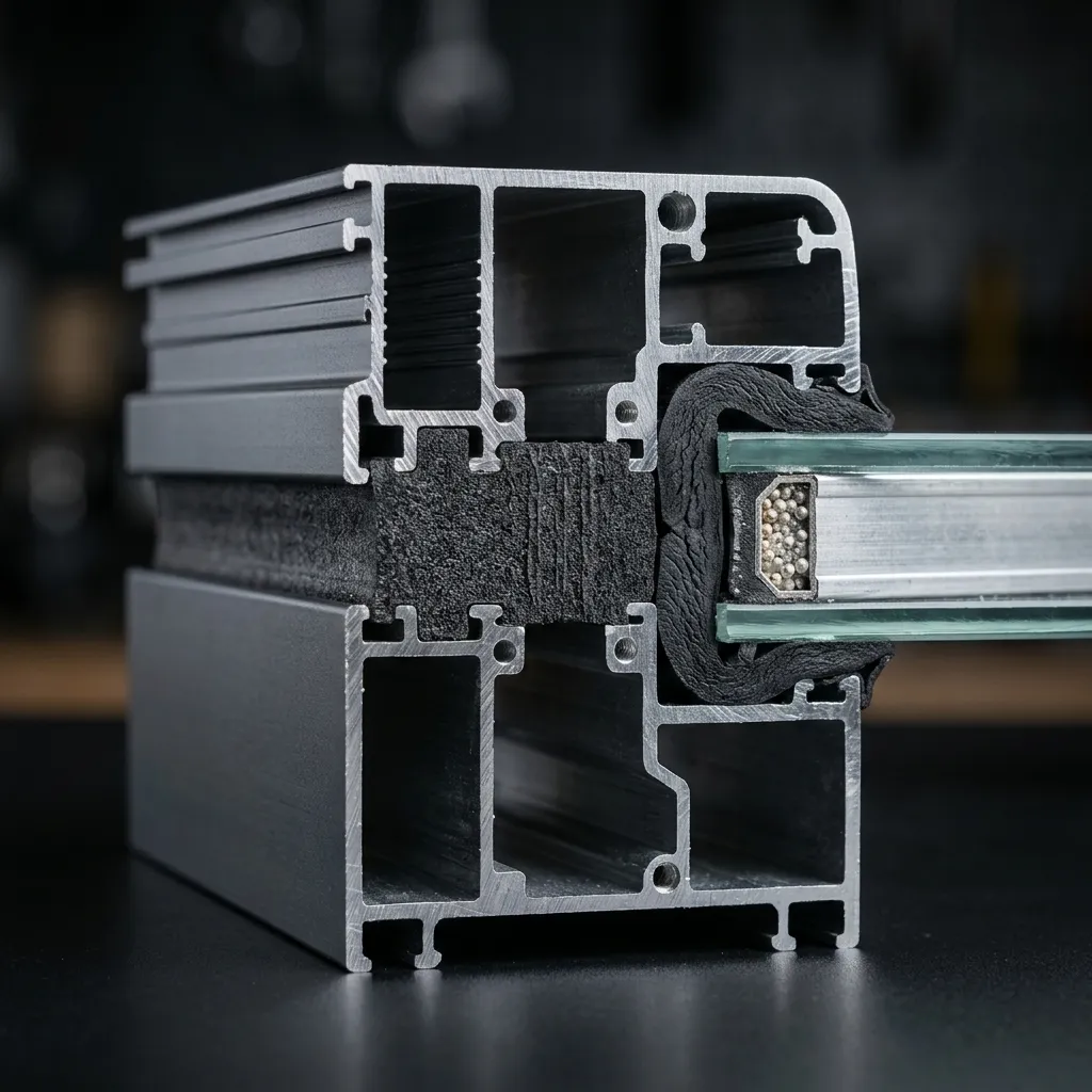 مقطع تقني لإطار سكاي لايت ألمنيوم يُظهر شريط القطع الحراري البوليأميد وزجاج Low-E مزدوج بفاصل أرجون