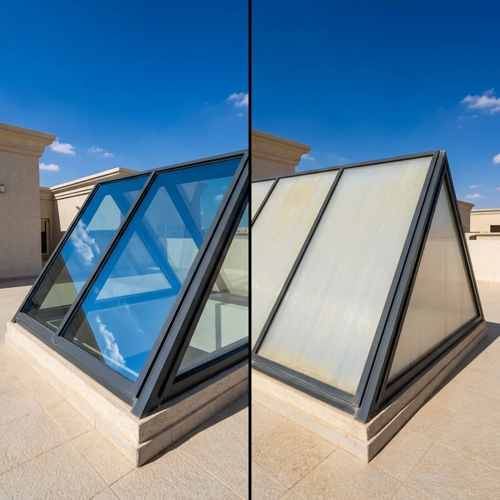 مقارنة بصرية بين سكاي لايت زجاج Low-E شفاف وسكاي لايت بولي كربونيت لكسان على سطح فيلا سعودية