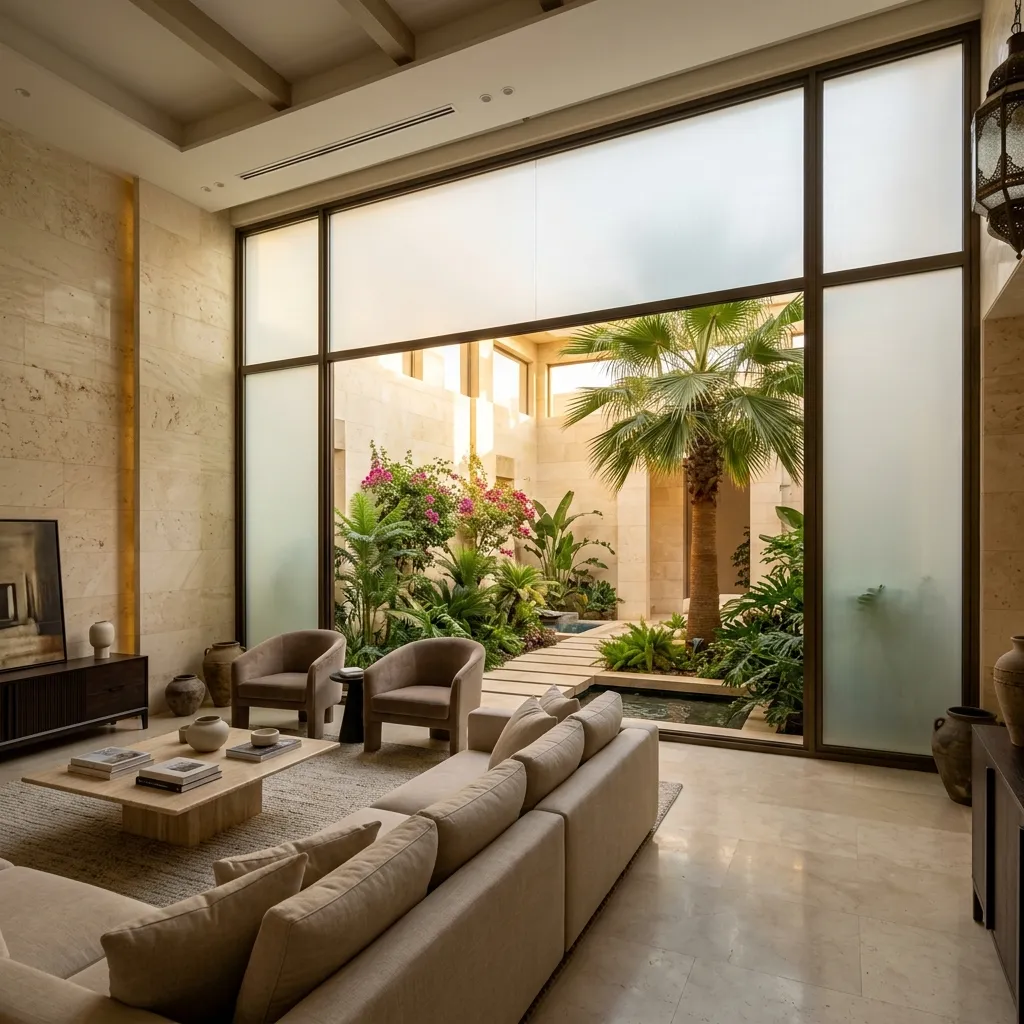 تقنية الزجاج الذكي PDLC في فيلا مودرن بالرياض تتحول من الشفافية إلى التعتيم